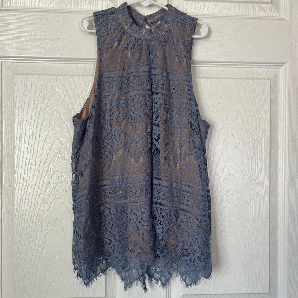 Lauren Conrad Eyelash Lace Tops Medium Burgundy Blue High Neck Romantic - Picture 3 of 11